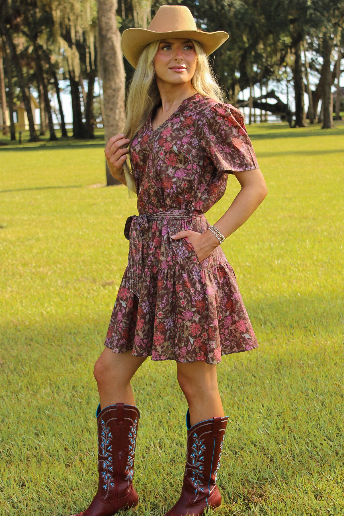 Petal Charm Floral Print Mini Dress - Brown