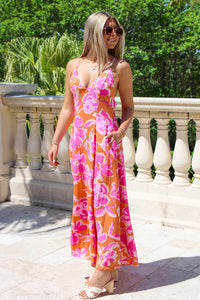 Eyes On Me Open Back Maxi Dress - Orange/Fuchsia