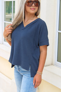 Cute & Casual Waffle Knit Top - Navy