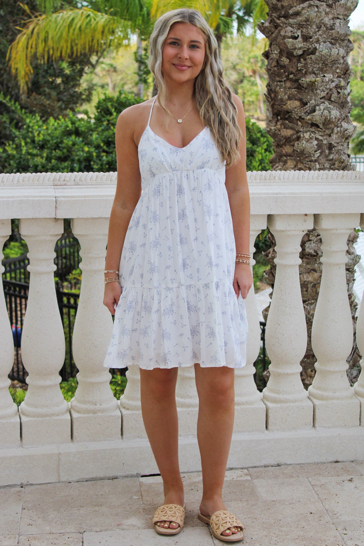 Calling For Sunshine Floral Mini Dress - White/Blue