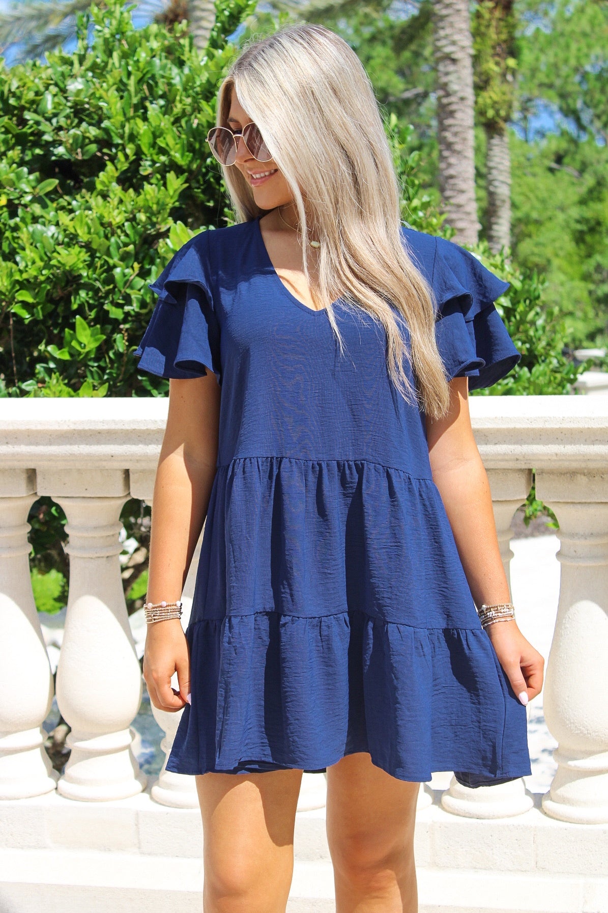 Summer Day Trip Flutter Sleeve Dress - Navy