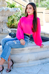 Change My Mind Mock Neck Cropped Knit Hem Sweater -  Magenta | Makk Fashions