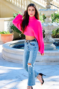 Change My Mind Mock Neck Cropped Knit Hem Sweater -  Magenta | Makk Fashions