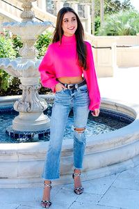 Change My Mind Mock Neck Cropped Knit Hem Sweater -  Magenta | Makk Fashions