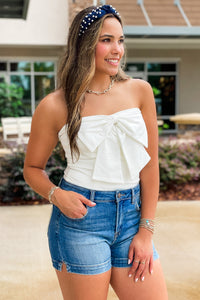 Cheer Me On Bow Tube Top - White | Makk Fashions