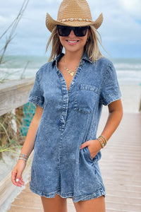 Count Me In Washed Denim Romper - Denim | Makk Fashions