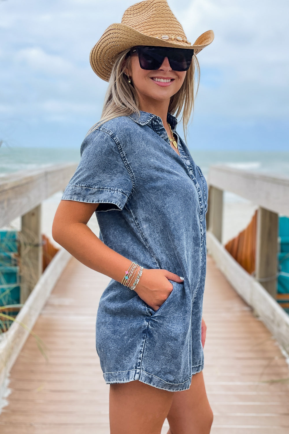 Count Me In Washed Denim Romper - Denim | Makk Fashions
