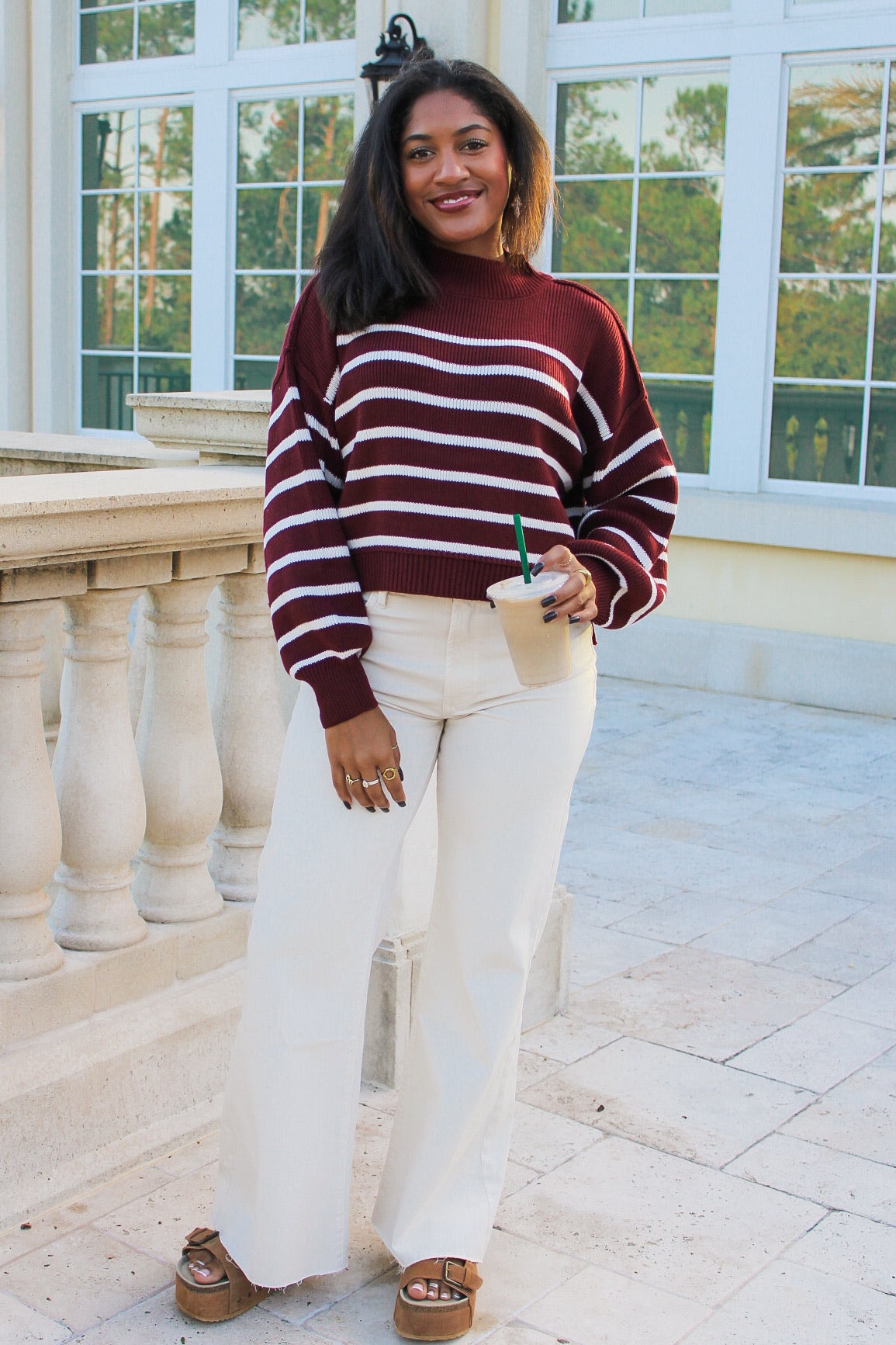 Cozier Times Striped Mock Neck Sweater - Burgundy