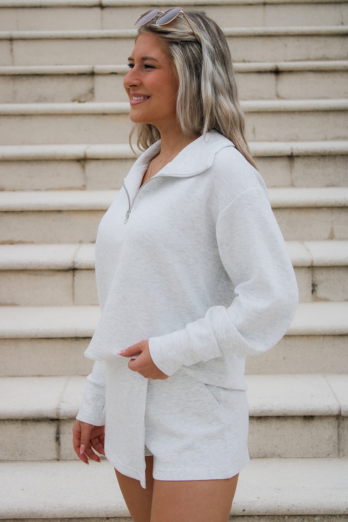 Vintage Havana: Feeling Sporty Fleece Quarter Zip Top - Gray