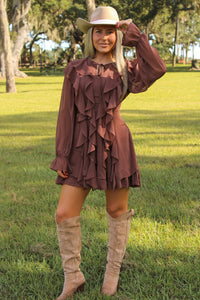 Midnight Romance Ruffled Mini Dress - Dark Mocha