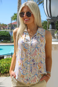 Island Time Button Down Collared Shirt - Blue Paisley