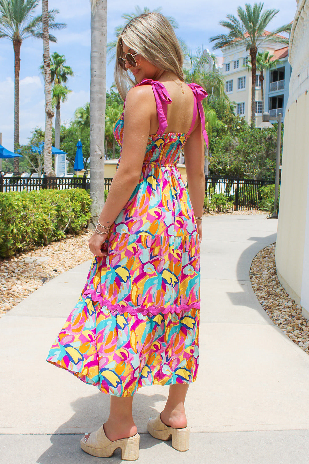 Vibrant Times A Line Midi Dress - Pink Multi