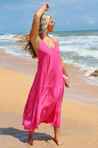 Summer Strolls Halter Neck Tie Midi Dress - Hot Pink