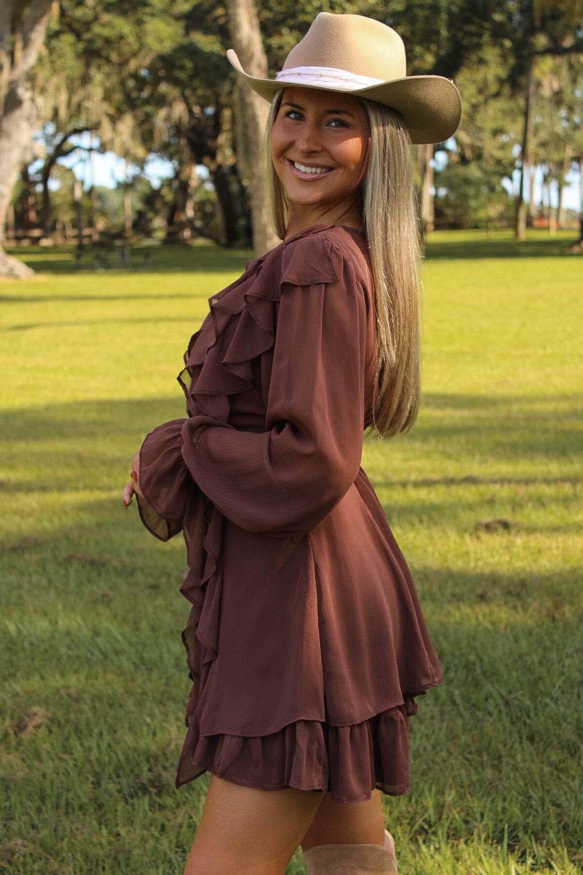 Midnight Romance Ruffled Mini Dress - Dark Mocha