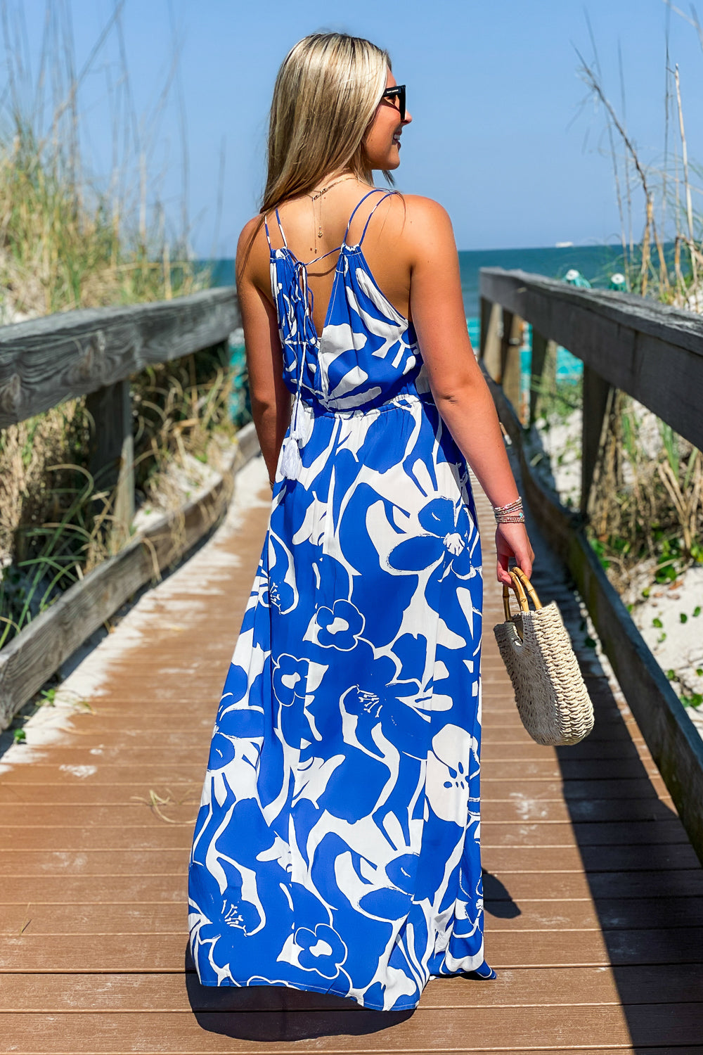 Driving Me Wild Hibiscus Print Maxi Dress - Blue | Makk Fashions