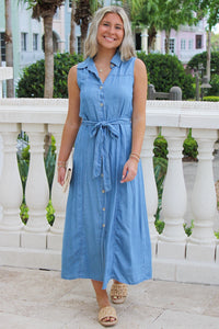Take Me To Brunch Belted Midi Dress - Chambray