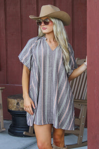 Countryside Cutie Striped V-Neck Mini Dress - Brown