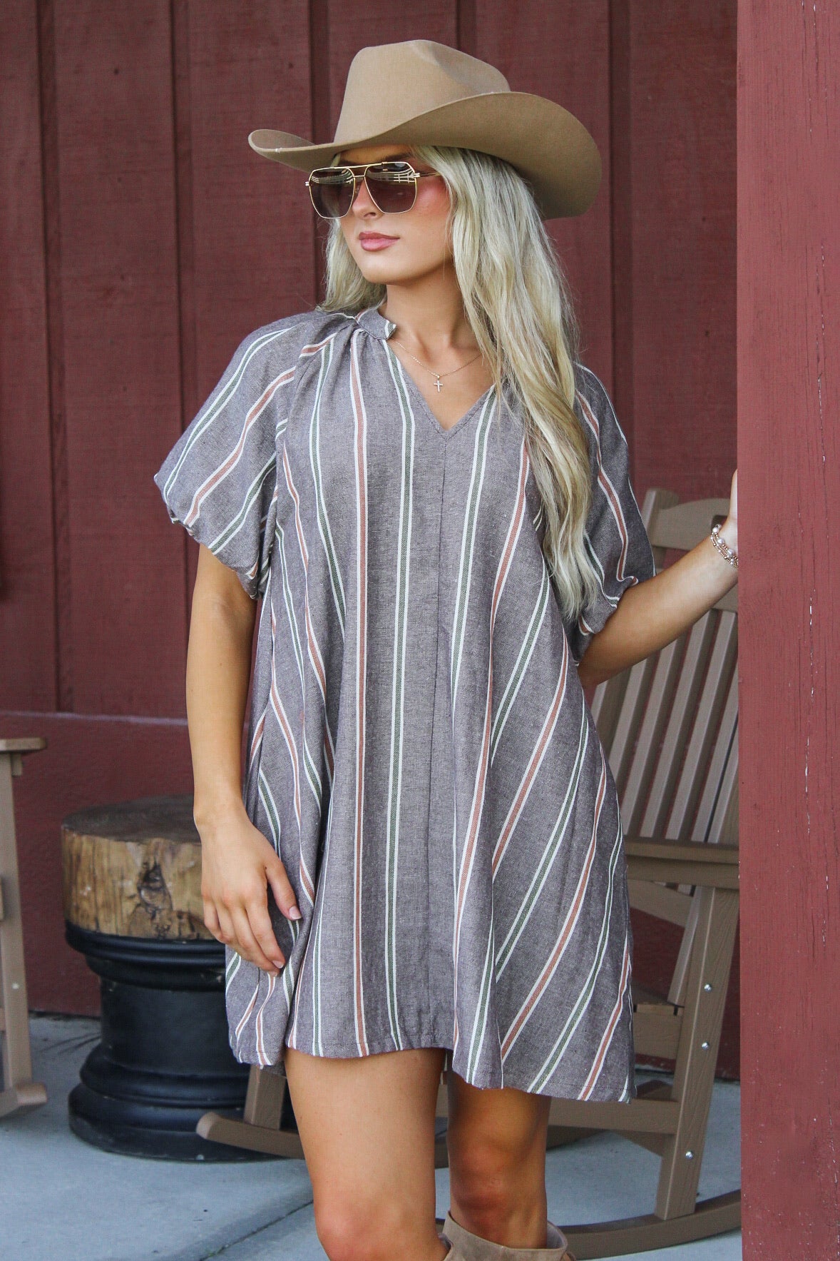 Countryside Cutie Striped V-Neck Mini Dress - Brown