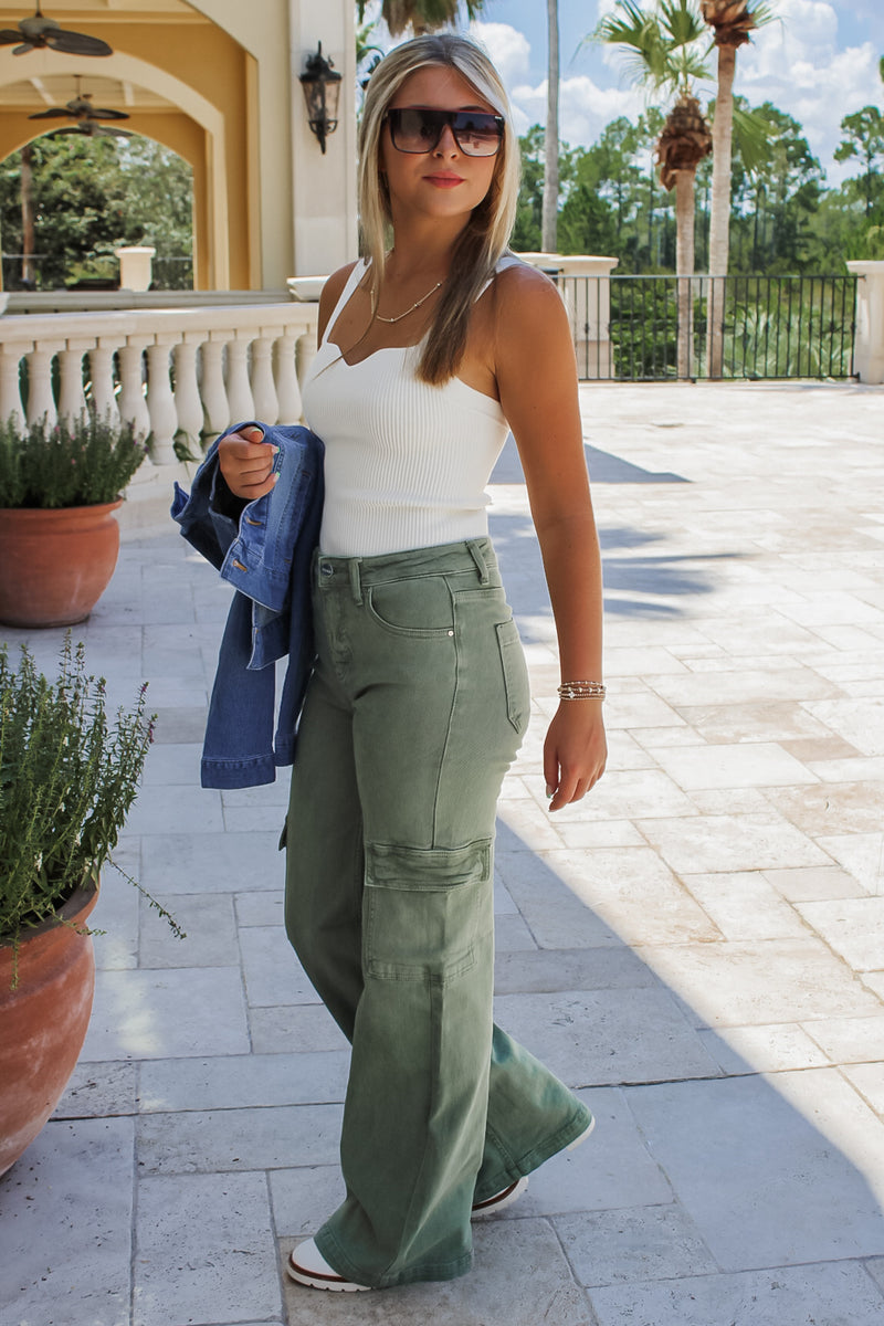 Eliana High Rise Cargo Wide Leg Jeans - Olive | Makk Fashions