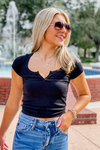 Enjoy The Journey Ribbed V-Neck Top - Black | Makk Fashions