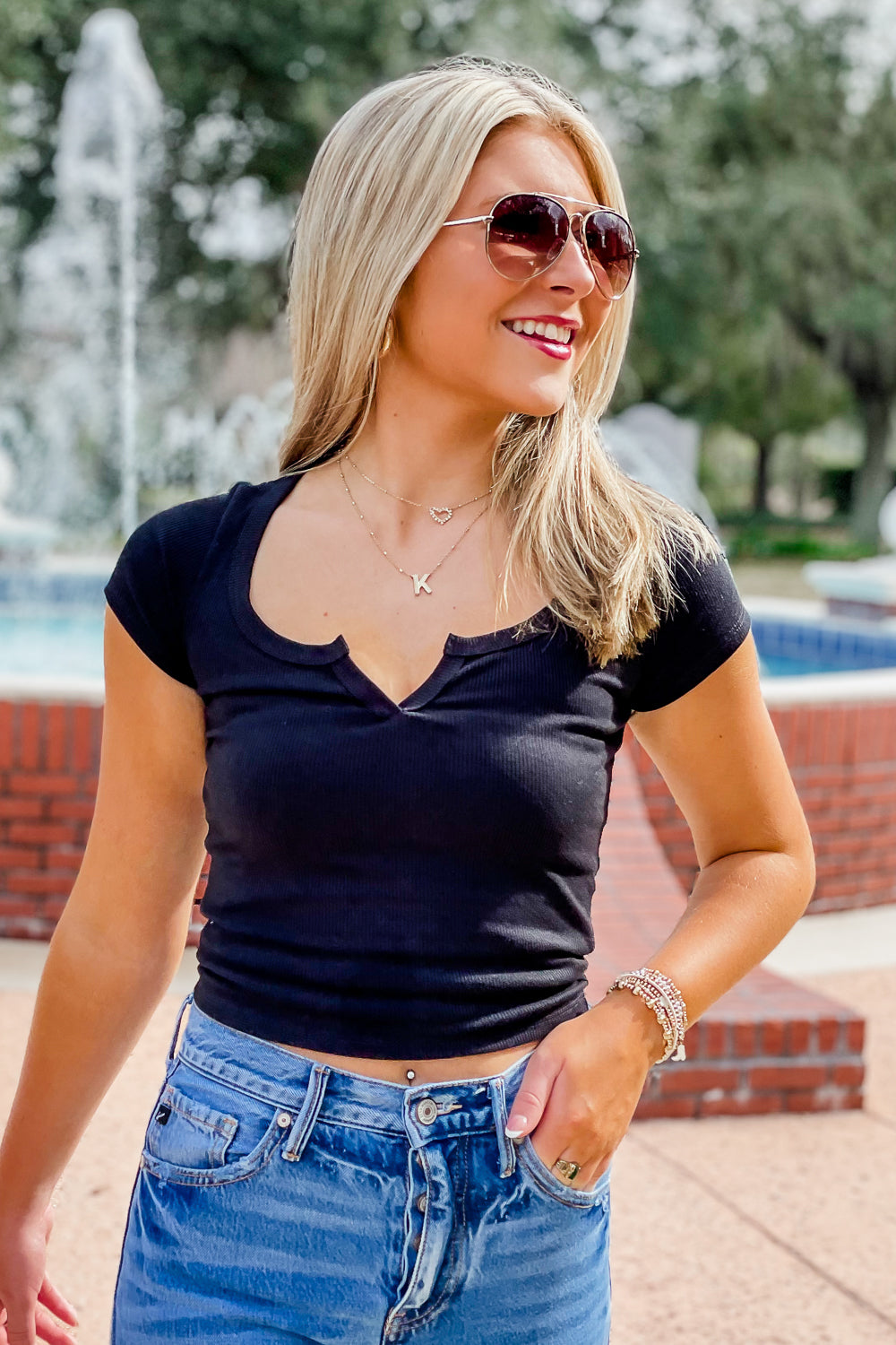 Enjoy The Journey Ribbed V-Neck Top - Black | Makk Fashions
