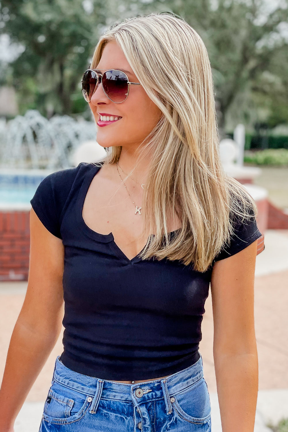 Enjoy The Journey Ribbed V-Neck Top - Black | Makk Fashions