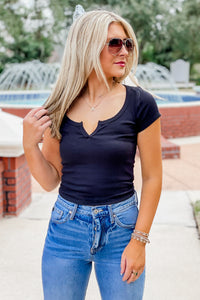 Enjoy The Journey Ribbed V-Neck Top - Black | Makk Fashions