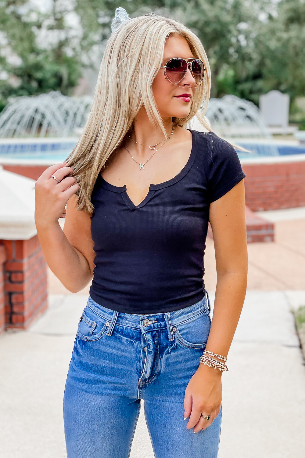 Enjoy The Journey Ribbed V-Neck Top - Black | Makk Fashions