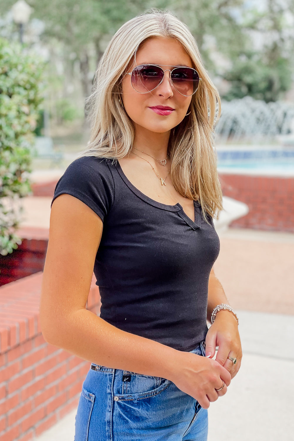 Enjoy The Journey Ribbed V-Neck Top - Black | Makk Fashions