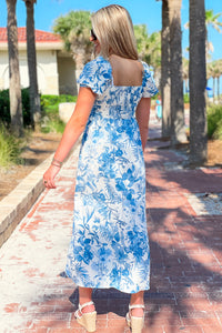 Eternal Promises Puff Sleeve Midi Dress - Blue/White | Makk Fashions