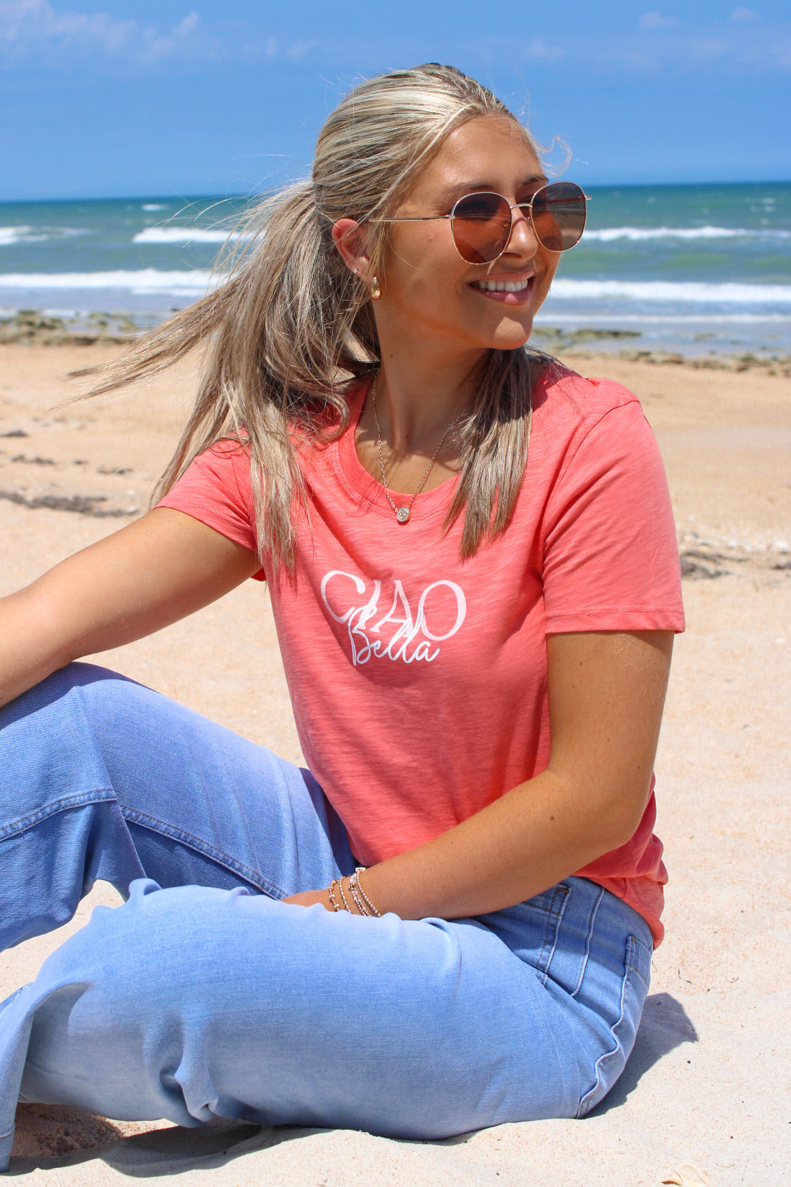 Ciao Bella Crew Neck T-Shirt - Coral