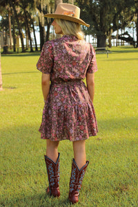 Petal Charm Floral Print Mini Dress - Brown
