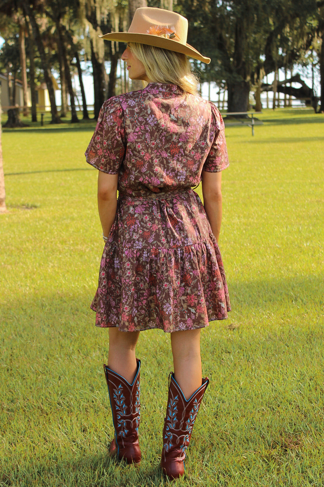 Petal Charm Floral Print Mini Dress - Brown