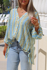Tropical Breeze Button Down Tie Top - Blue Multi