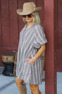 Countryside Cutie Striped V-Neck Mini Dress - Brown