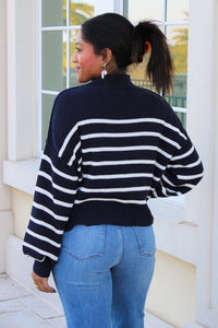 Cozier Times Striped Mock Neck Sweater - Navy