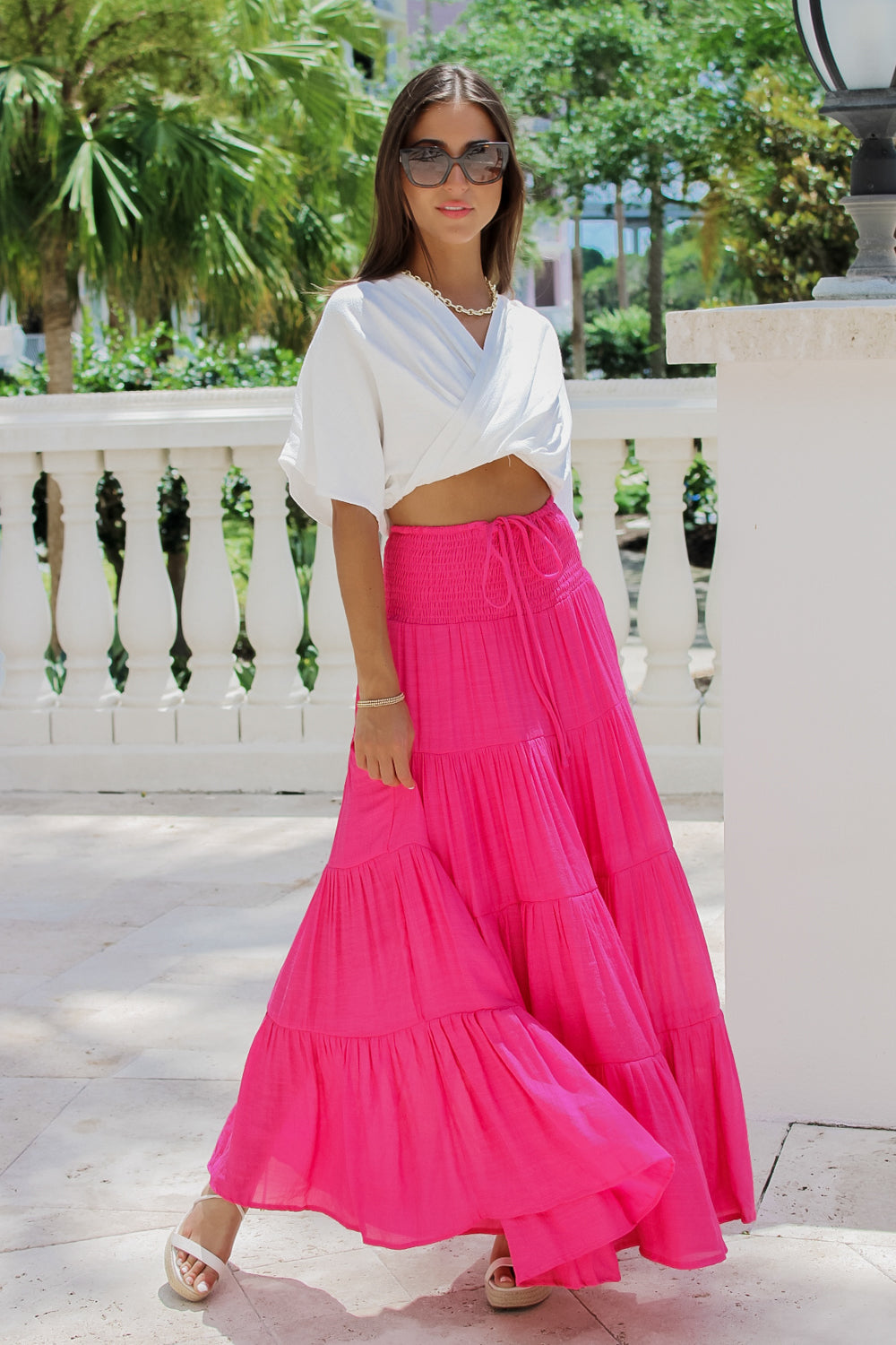 Fuchsia pink skirt outfit sale