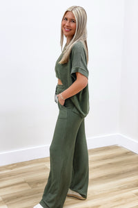 Good Times Textured Drawstring Pants - Olive | Makk Fashions