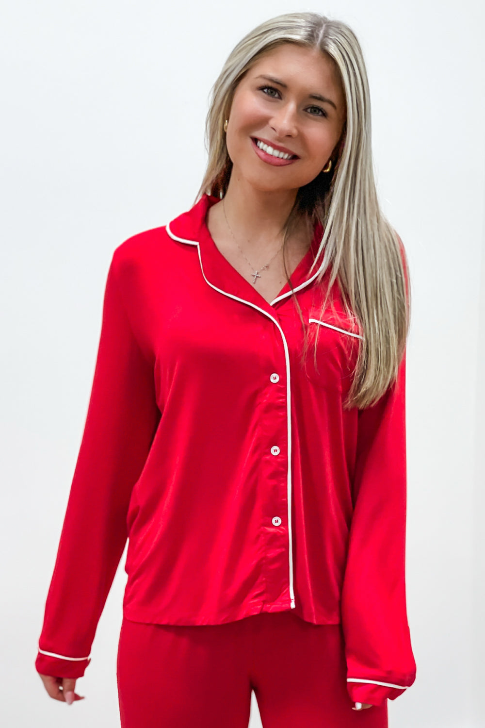 Holiday Nights Long Sleeve Knit Pajama Set - Red | Makk Fashions