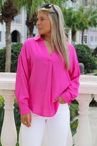 Always Cheerful Long Sleeve V-Neck Top - Hot Pink
