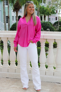 Always Cheerful Long Sleeve V-Neck Top - Hot Pink