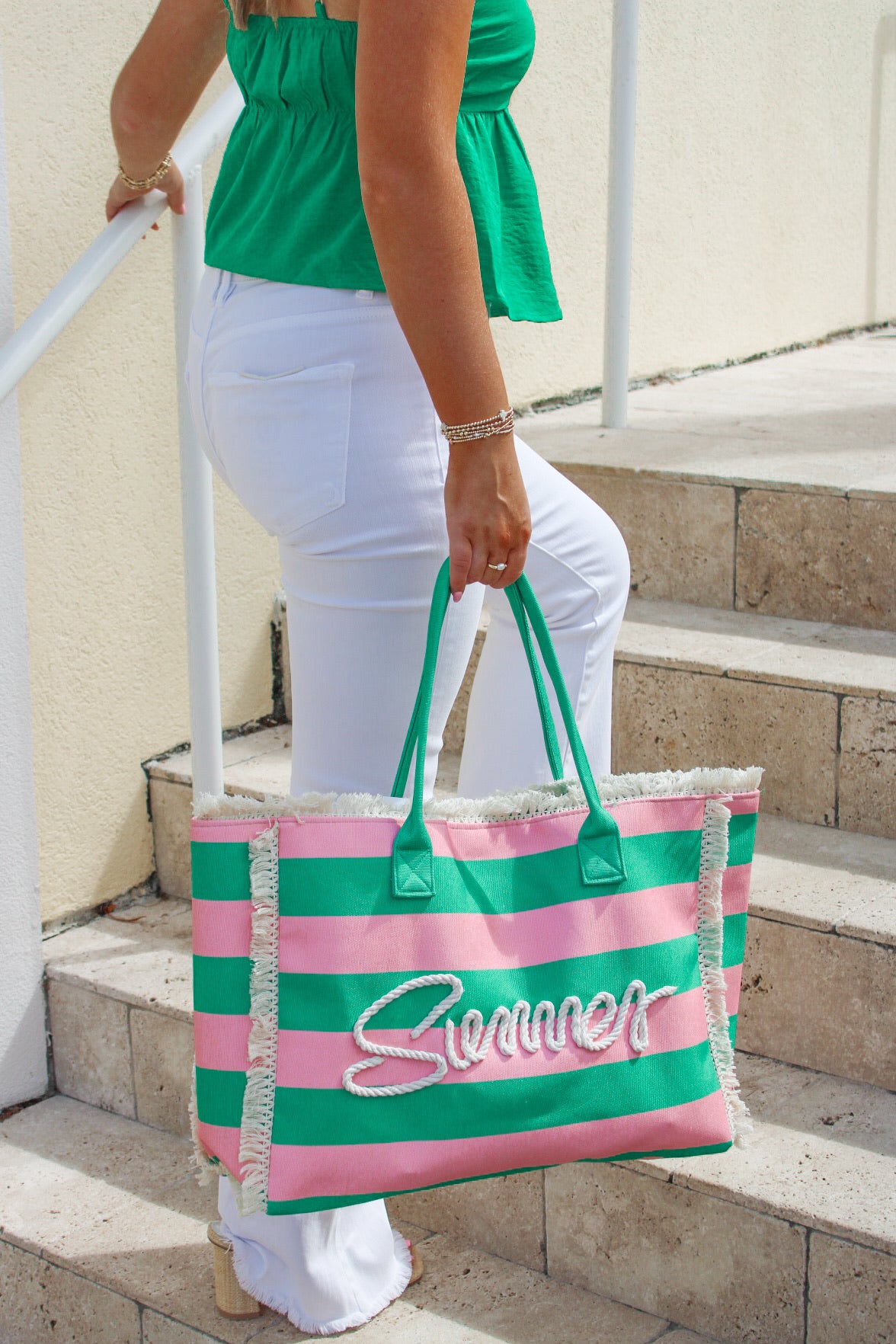 "Summer"  Fringe Striped Tote Bag - Pink/Green
