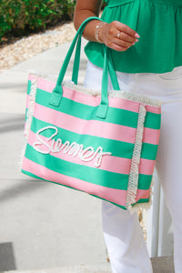 "Summer"  Fringe Striped Tote Bag - Pink/Green