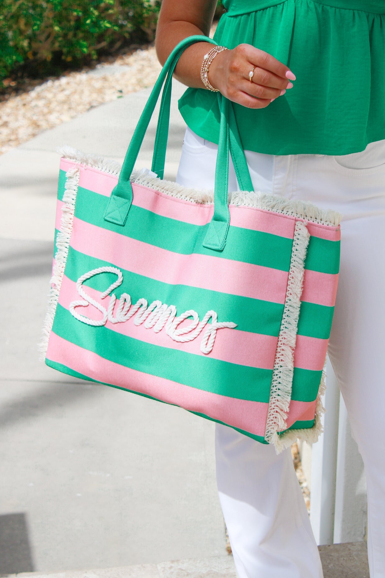 "Summer"  Fringe Striped Tote Bag - Pink/Green