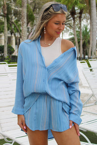 Poolside Drinks Boyfriend Cover-Up Top - Blue