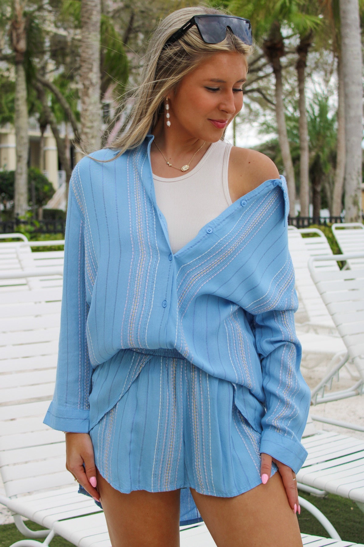 Poolside Drinks Boyfriend Cover-Up Top - Blue