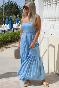 Poolside Drinks Strapless Smocked Maxi Dress - Blue
