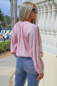 Thoughts Of Spring Eyelet V-Neck Top - Pink