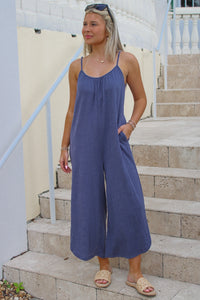 Z Supply: Textured Flared Jumpsuit - Worn Blue