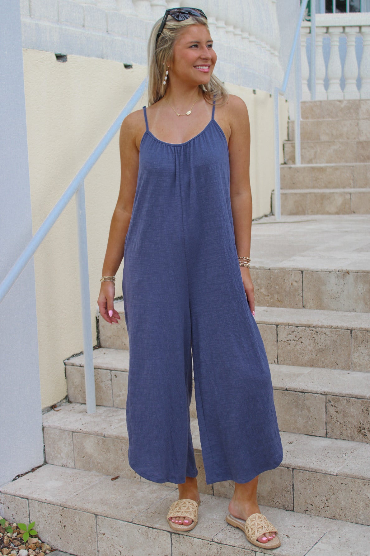 Z Supply: Textured Flared Jumpsuit - Worn Blue